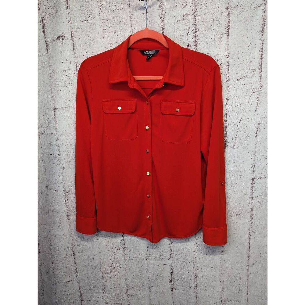 Lauren Ralph Lauren Women's Sz PL Sporting Orange Button Up Shirt Roll Tab Sleev - Picture 2 of 10